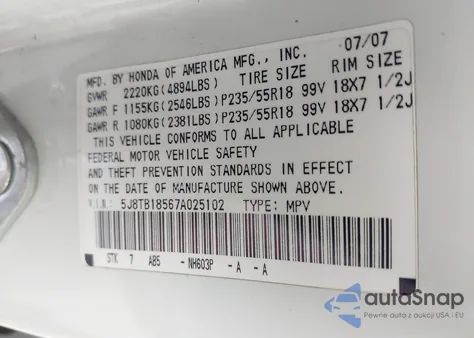 2007 Acura Rdx z USA, uszkodzony, nr VIN 5J8TB18567A025102